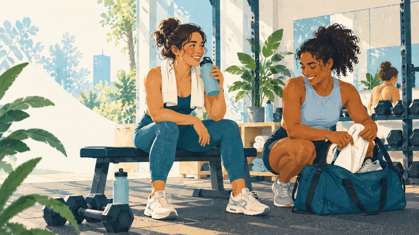 Duas mulheres descansam e conversam depois de treinar em uma academia
