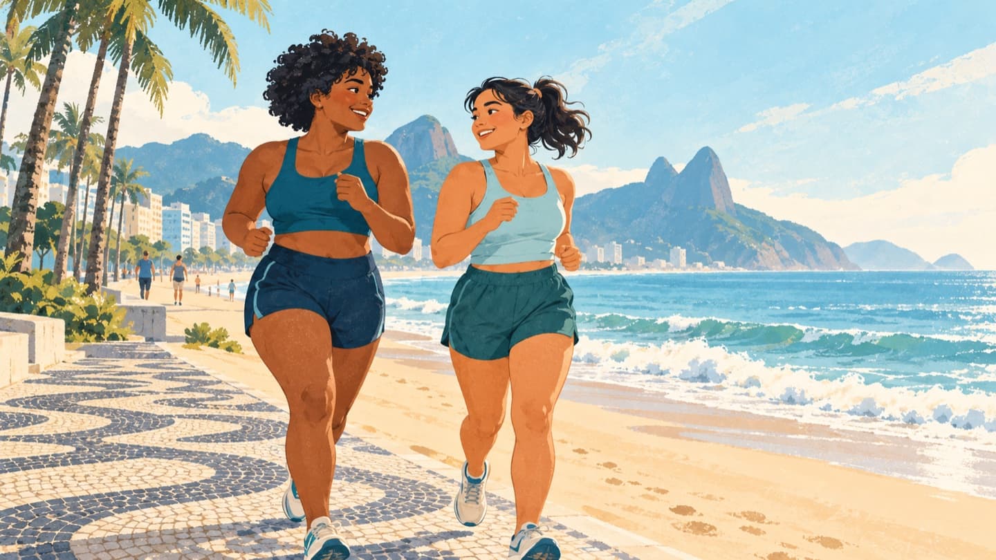 Duas mulheres correm juntas na orla da praia